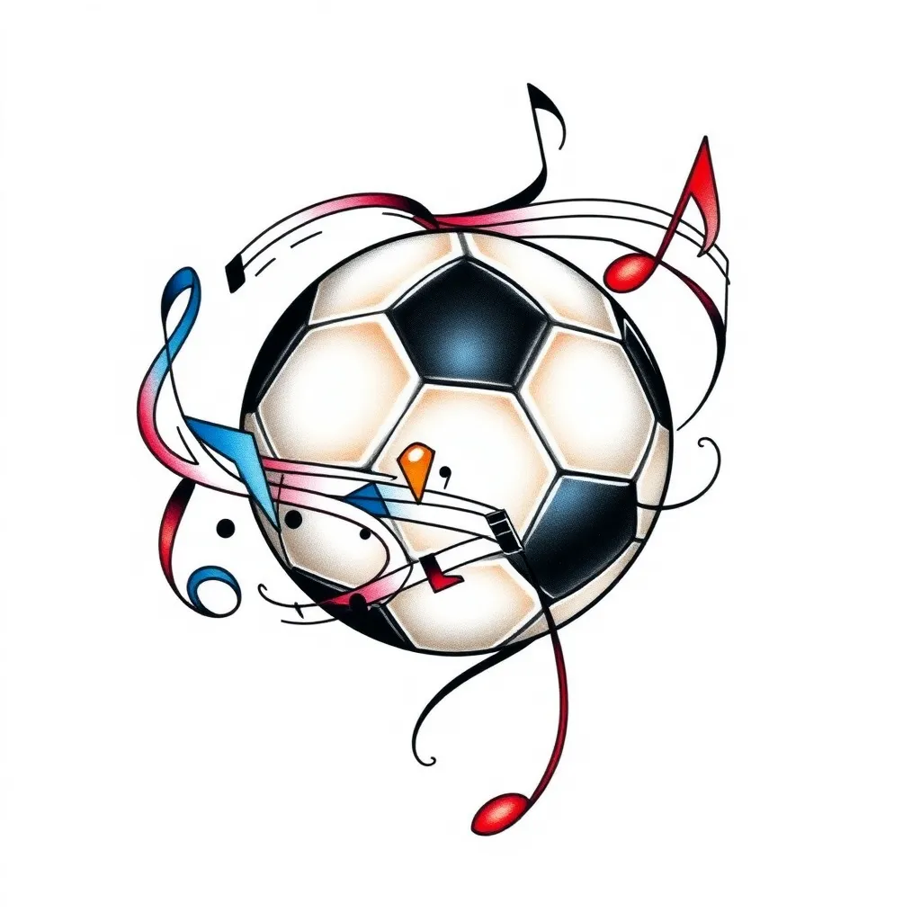 A tattoo that combines a soccer ball with musical notes that intertwine, perhaps forming a spiral or a melody that envelops the ball. This symbol represents the union of my passions tatuaggio