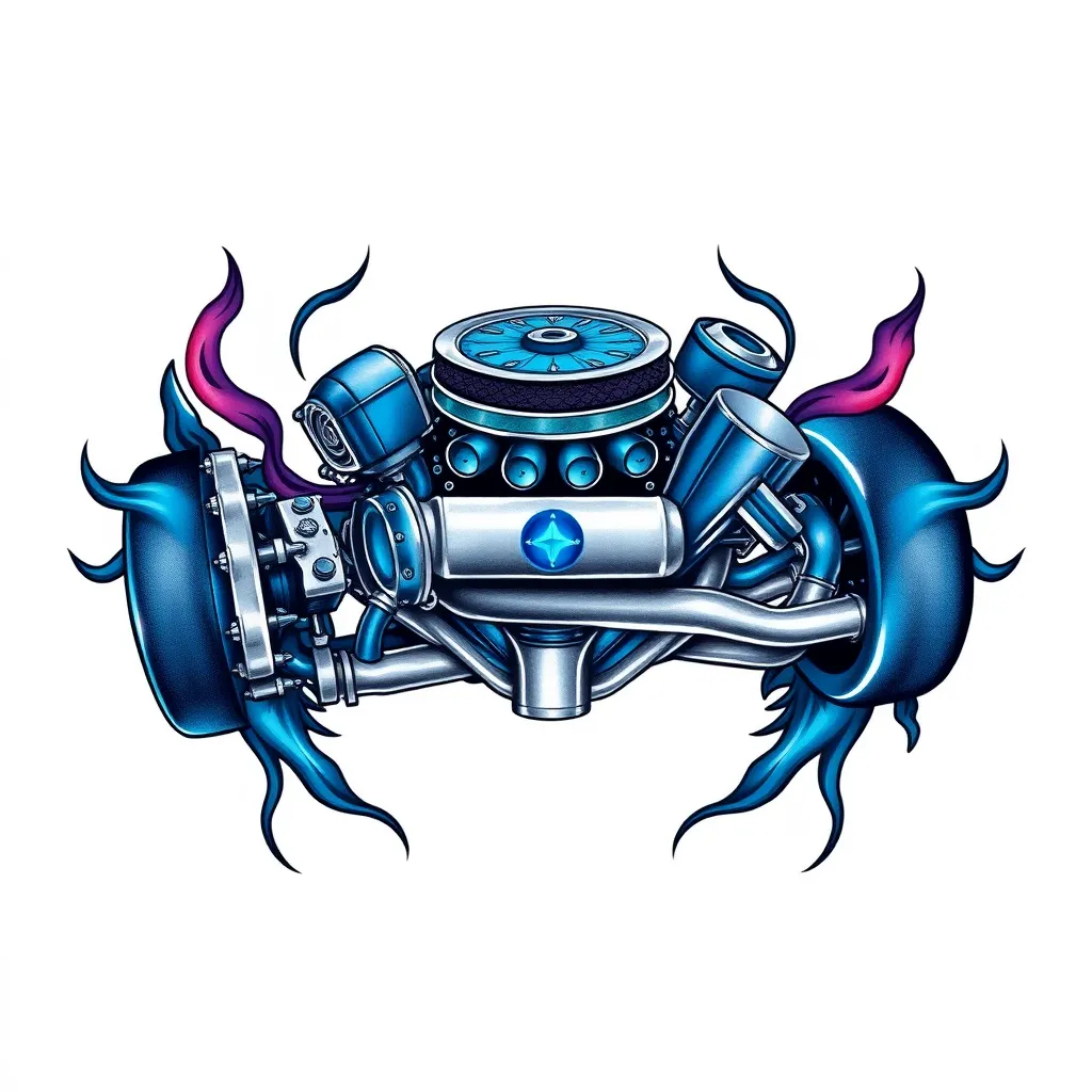 Uma tatuagem que tenha conexão com motor de carro V8, corres azul, com inspiração em opala e maverick tattoo