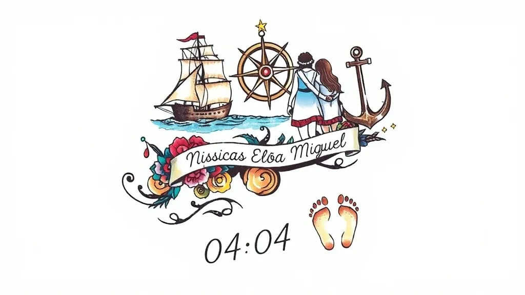 UMA TATUGEM COM UMA PRAIA, NAVIO, ROSAS DO VENTO, BUSSOLA E UMA ANCORA, UM CASAL COM DUAS MENINAS E UM MENINO, COM OS NOMES DE JESSICA, ELOÁ, LORENA E MIGUEL ESCRITO, PEGADAS NA AREIA, COM O NOME EDUARDO ESCRITO E A DATA 04/04/2025 टैटू