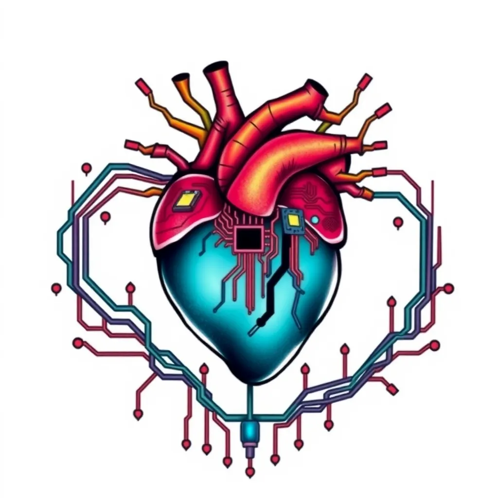 a technological heart, with chips reminding connections of technological chips and boards Tätowierung