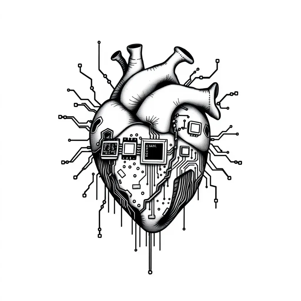 a technological heart, with chips reminding connections of technological chips and boards Tätowierung