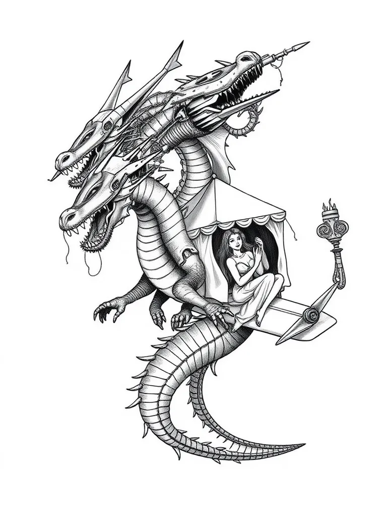 A dragon with three heads. The heads are mechanical robots. He carries a tent with a beautiful woman on his back. In the clutches of the su plane tatuaggio