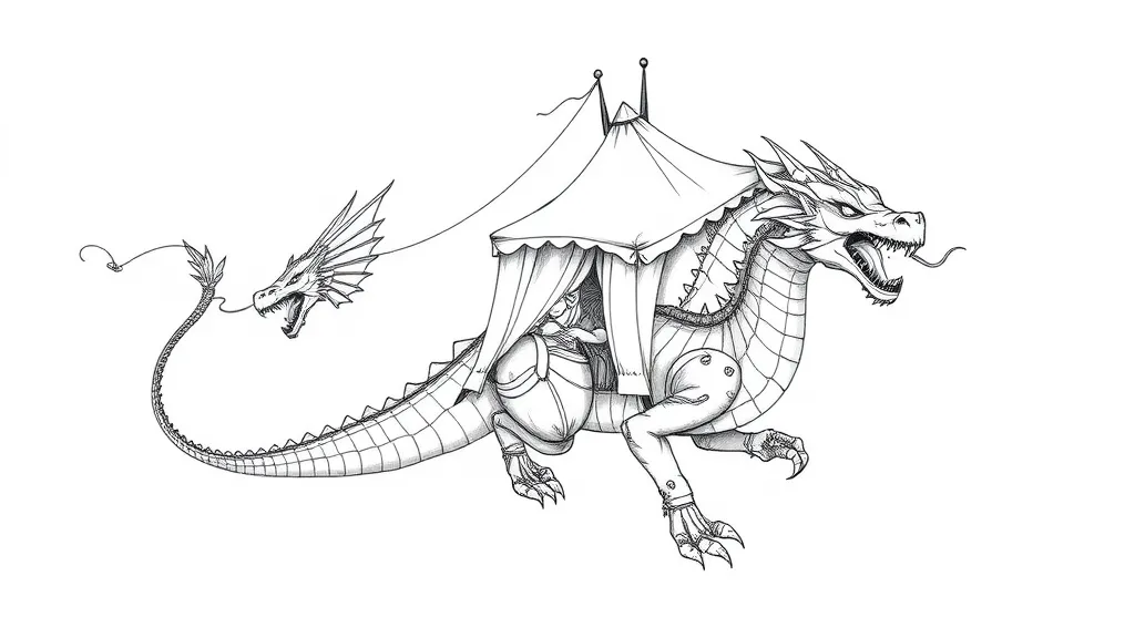 A dragon with three heads. The heads are mechanical robots. He carries a tent with a beautiful woman on his back. In the clutches of the su plane tattoo