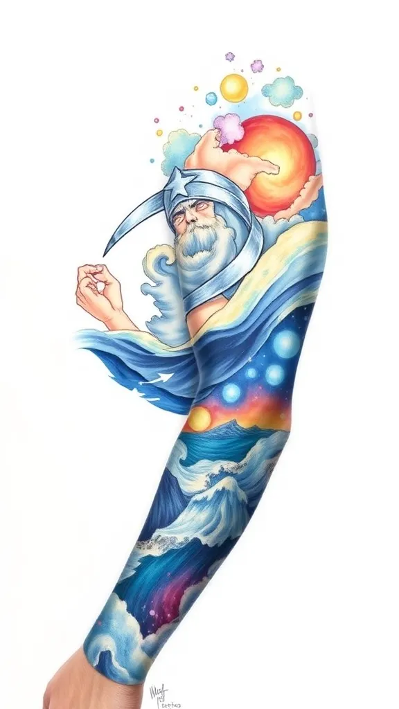 A three quarters sleeve depicting DC Comics’ Morpheus character floating in the sea of dreams, which should stylistically be depicted as very similar to Van Gogh’s Starry Night tattoo