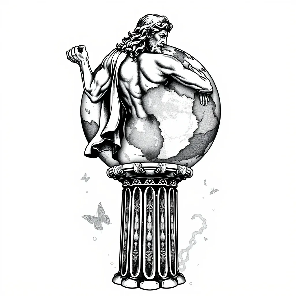 Un Titán sosteniendo el mundo sobre su espalda a modo De Dios griego encima de una columna jónica  문신