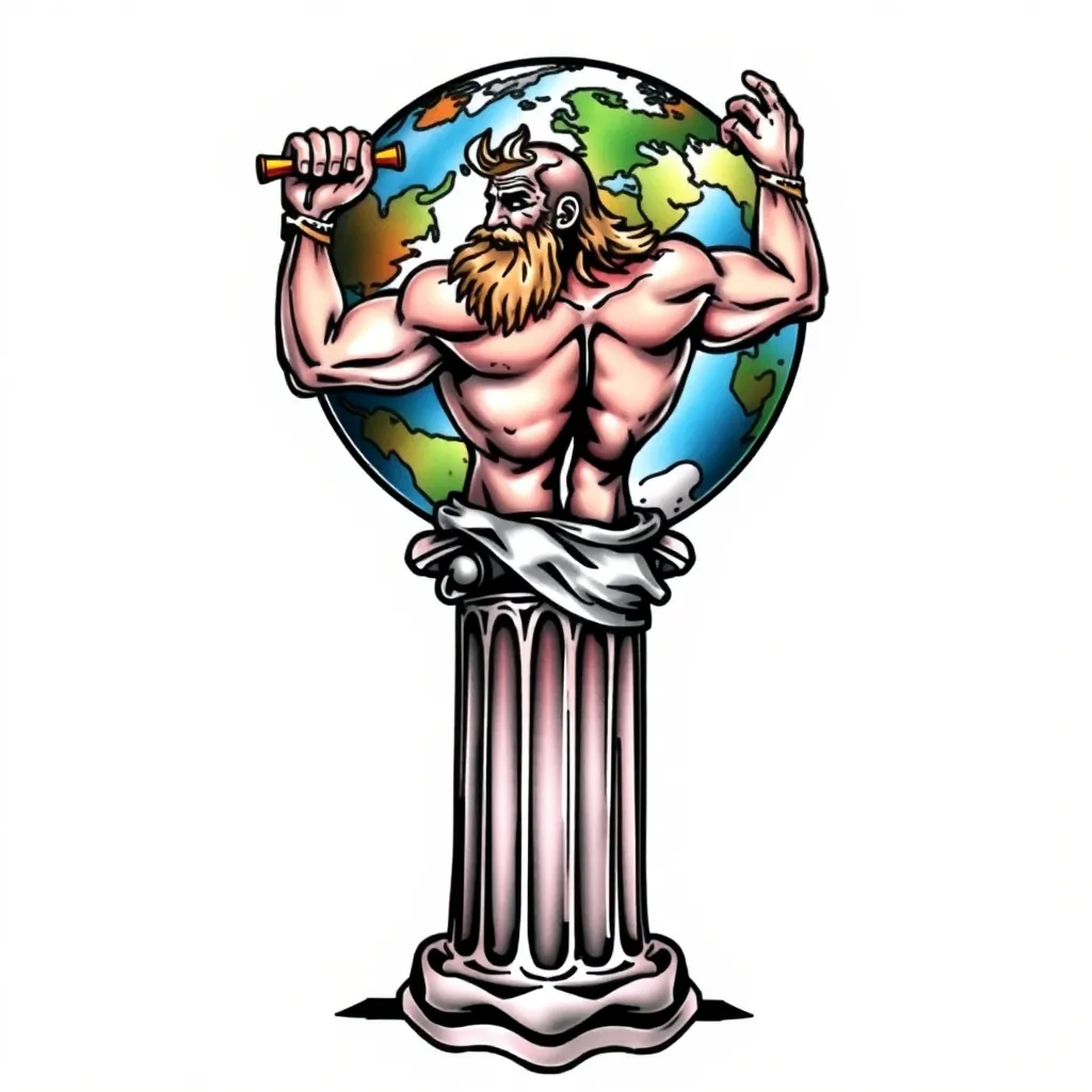 Un titán sosteniendo el mundo sobre su espalda situado en una columna griega 문신
