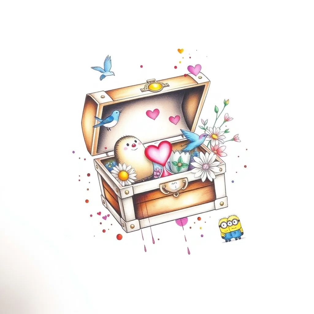 A treasure chest or a small box, when opened, contains many precious memories, such as a little bird symbolizing freedom, a small heart-shaped design symbolizing self-love, an hourglass symbolizing cherishing the present moment, flowers representing forgetting and letting go of the past, and two cute cartoon minions. 纹身