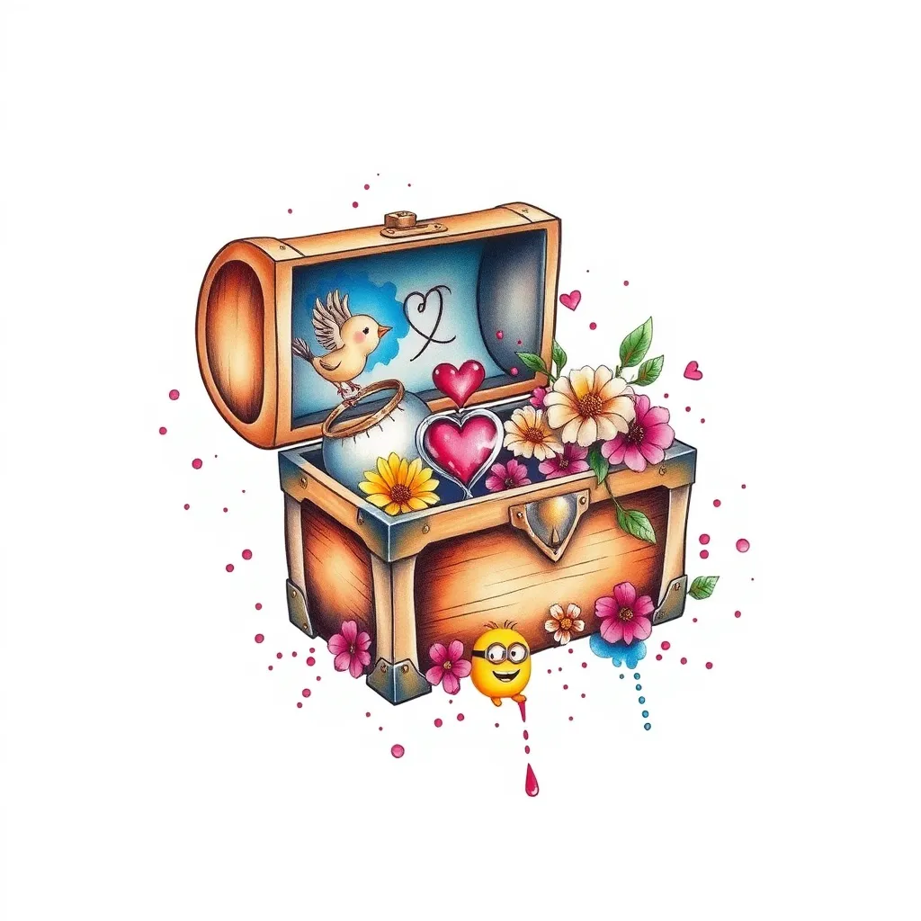 A treasure chest or a small box, when opened, contains many precious memories, such as a little bird symbolizing freedom, a small heart-shaped design symbolizing self-love, an hourglass symbolizing cherishing the present moment, flowers representing forgetting and letting go of the past, and two cute cartoon minions. 纹身