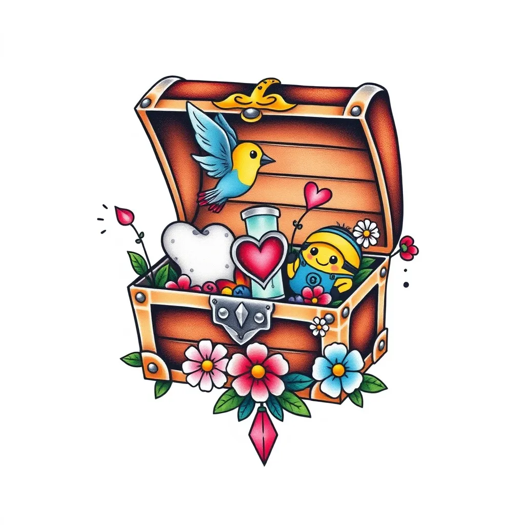 A treasure chest or a small box, when opened, contains many precious memories, such as a little bird symbolizing freedom, a small heart-shaped design symbolizing self-love, an hourglass symbolizing cherishing the present moment, flowers representing forgetting and letting go of the past, and two cute cartoon minions. 纹身