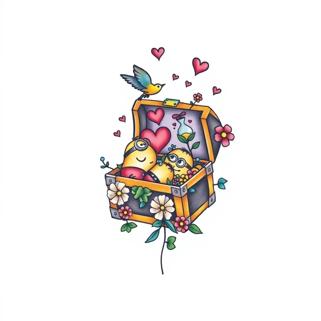 A treasure chest or a small box, when opened, contains many precious memories, such as a little bird symbolizing freedom, a small heart-shaped design symbolizing self-love, an hourglass symbolizing cherishing the present moment, flowers representing forgetting and letting go of the past, and two cute cartoon minions. tatuaggio