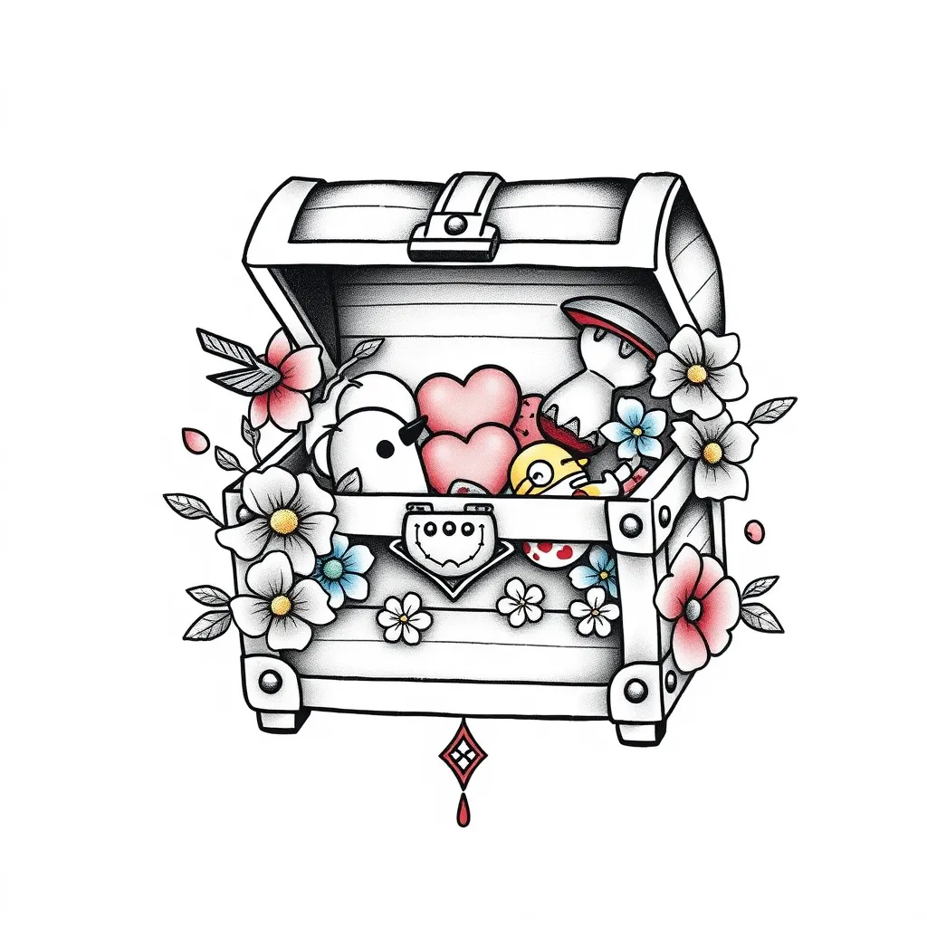 A treasure chest or a small box, when opened, contains many precious memories, such as a little bird symbolizing freedom, a small heart-shaped design symbolizing self-love, an hourglass symbolizing cherishing the present moment, flowers representing forgetting and letting go of the past, and two cute cartoon minions. 纹身