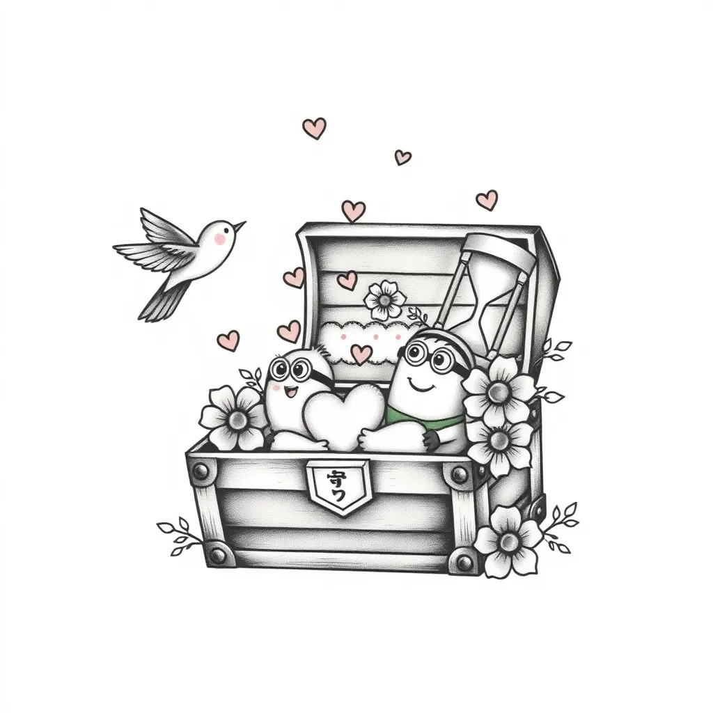 A treasure chest or a small box, when opened, contains many precious memories, such as a little bird symbolizing freedom, a small heart-shaped design symbolizing self-love, an hourglass symbolizing cherishing the present moment, flowers representing forgetting and letting go of the past, and two cute cartoon minions. tatuaje