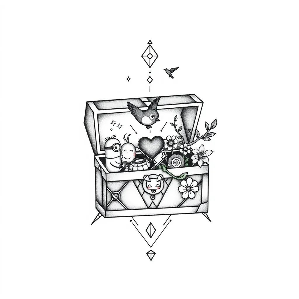 A treasure chest or a small box, when opened, contains many precious memories, such as a little bird symbolizing freedom, a small heart-shaped design symbolizing self-love, an hourglass symbolizing cherishing the present moment, flowers representing forgetting and letting go of the past, and two cute cartoon minions. tatuaggio