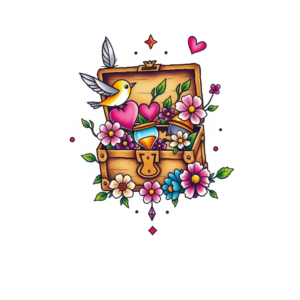 A treasure chest or a small box, when opened, contains many precious memories, such as a little bird symbolizing freedom, a small heart-shaped design symbolizing self-love, an hourglass symbolizing cherishing the present moment, flowers representing forgetting and letting go of the past, and two cute cartoon minions. tatuaje