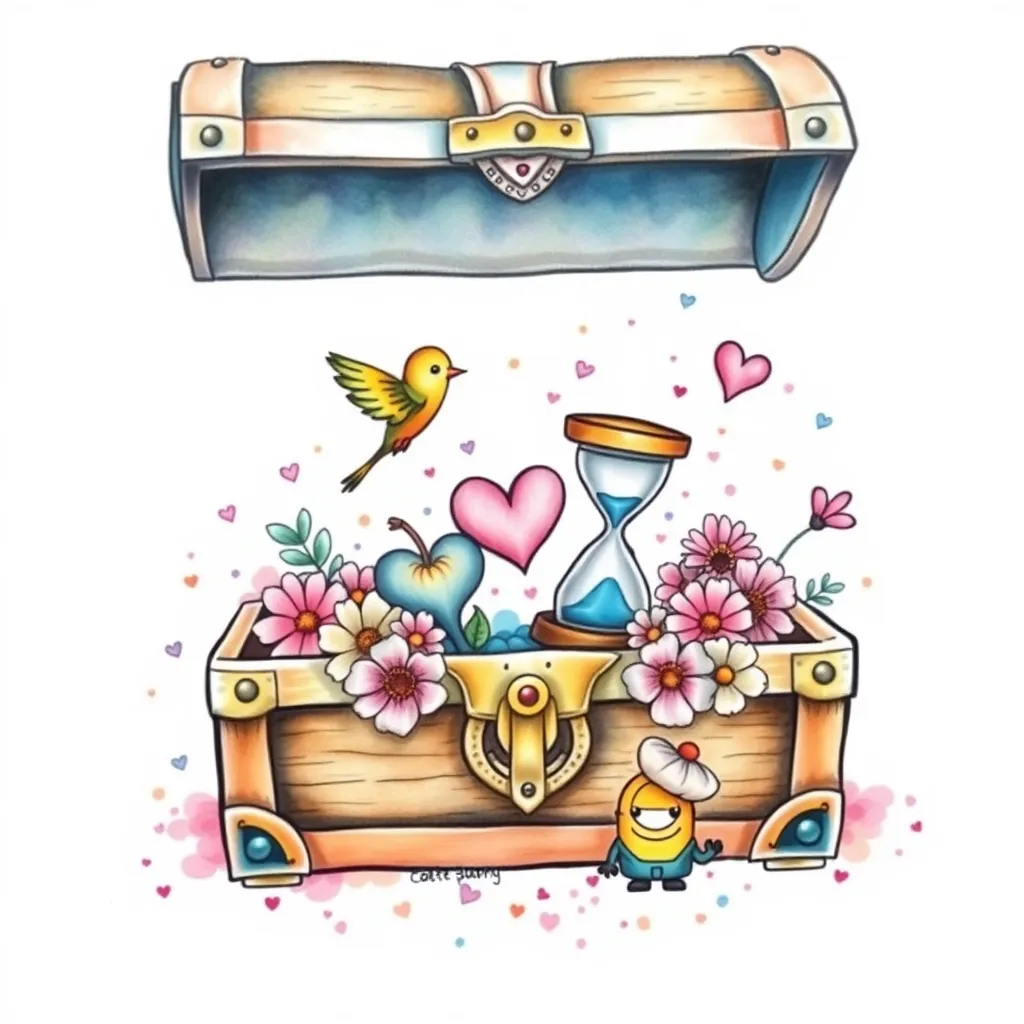 A treasure chest or a small box, when opened, contains many precious memories, such as a little bird symbolizing freedom, a small heart-shaped design symbolizing self-love, an hourglass symbolizing cherishing the present moment, flowers representing forgetting and letting go of the past, and two cute cartoon minions. टैटू