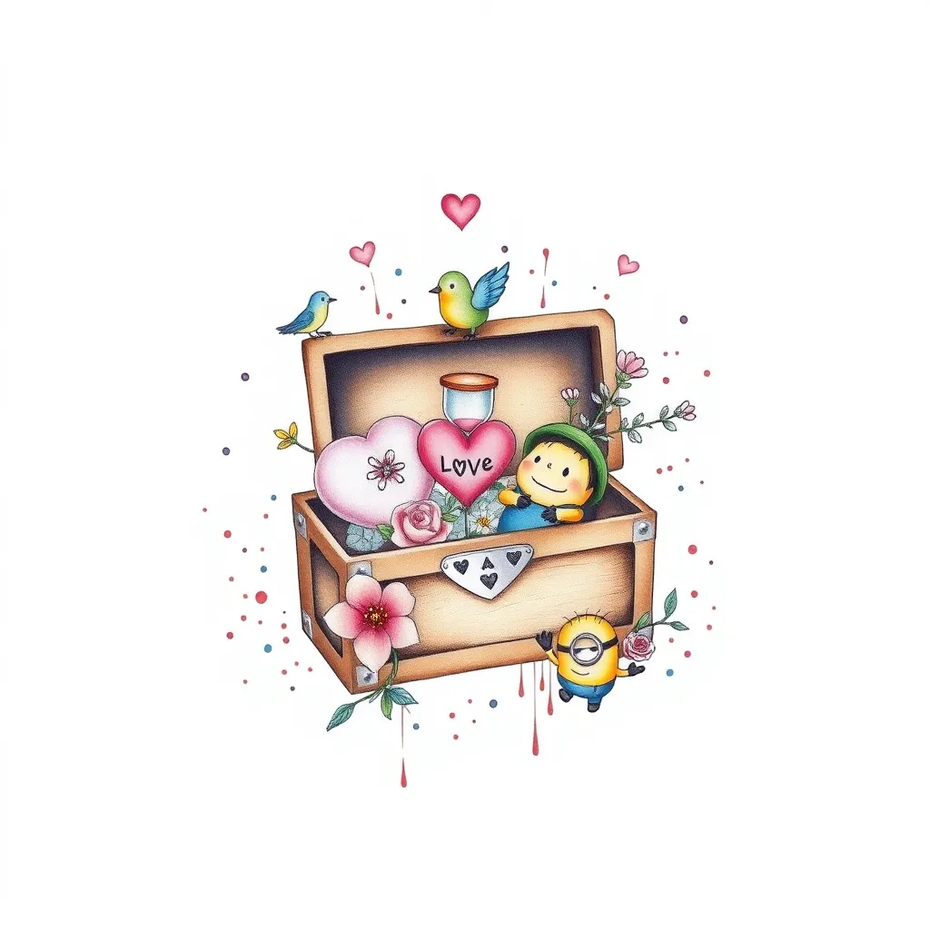 A treasure chest or a small box, when opened, contains many precious memories, such as a little bird symbolizing freedom, a small heart-shaped design symbolizing self-love, an hourglass symbolizing cherishing the present moment, flowers representing forgetting and letting go of the past, and two cute cartoon minions. 纹身