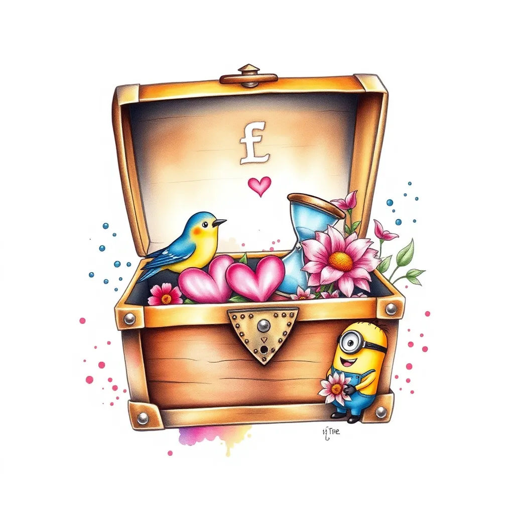 A treasure chest or a small box, when opened, contains many precious memories, such as a little bird symbolizing freedom, a small heart-shaped design symbolizing self-love, an hourglass symbolizing cherishing the present moment, flowers representing forgetting and letting go of the past, and two cute cartoon minions. tatuaggio