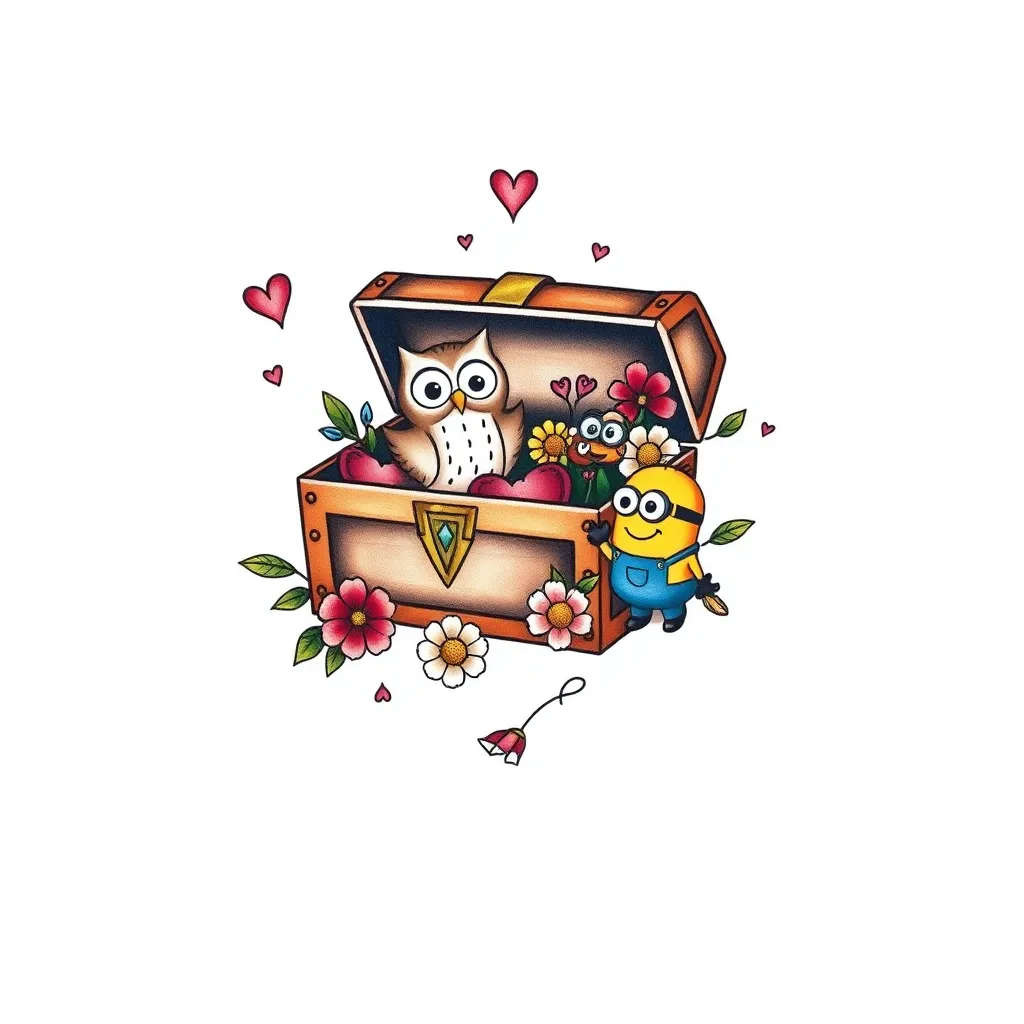 A treasure chest or a small box, when opened, contains many precious memories, such as a little owl symbolizing freedom, a small heart-shaped design symbolizing self-love, flowers representing forgetting and letting go of the past, and two cute minions cartoon tatuaje