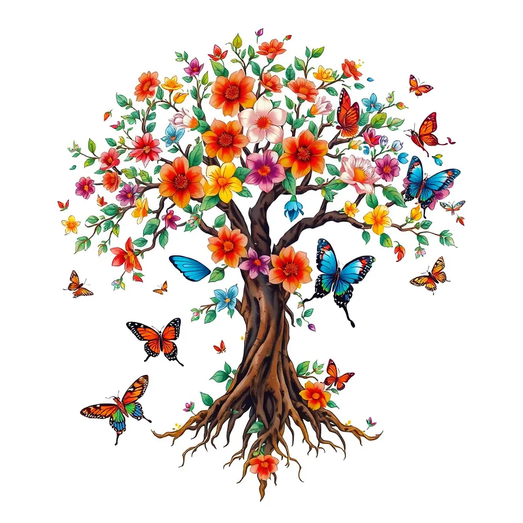 un arbre avec des fleurs colorées , des branches et des racines , des papillons , des libellules et des oiseaux Tätowierung