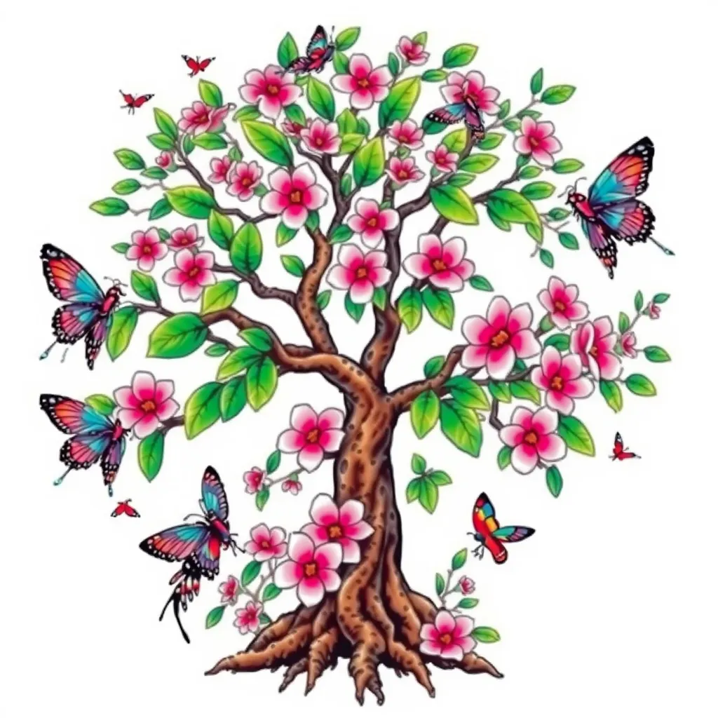 un arbre avec ses feuilles vertes , ses branches et ses racines , ses fleurs roses , des libellules , des papillons et des oiseaux, pas de couleur orange tatuaje