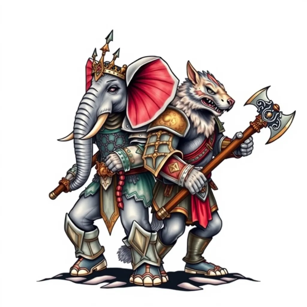 A valiant female elephant and a fierce male weasel in ornate armor, wielding axes, stand side by side in a Warhammer-inspired battle pose. Tätowierung