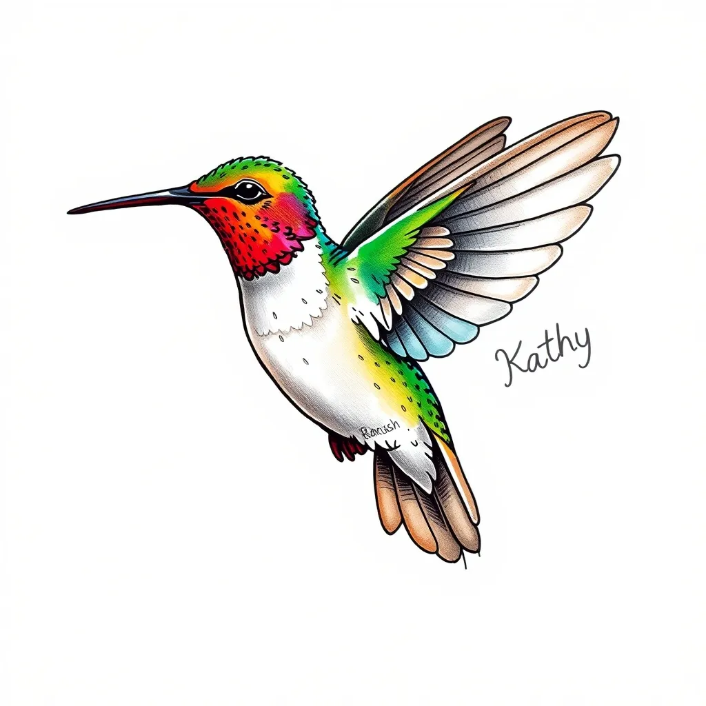vector de un colibri con sus a las extendidas y que un ala tenga el nombre "Barush" y la otra ala el nombre "Kathy", que el dibujo sea de colores y el aspecto del colibri sea afectivo y gentil टैटू