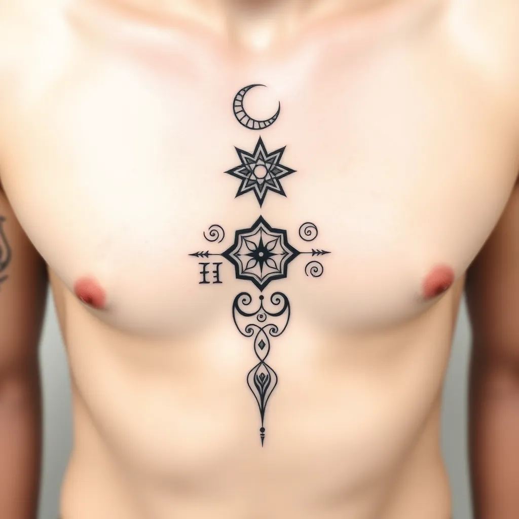 A vertical Maori style tattoo running down the centre of the chest, starting with a small crescent moon at the top, depicted in fine yet detailed Maori tribal lines, symbolising the connection to witchcraft and lunar power. Below the moon, a stylised star with Maori geometric patterns, representing magic and spirituality, with fine detailing evoking the glowing energy of the universe.

Along a vertical line connecting the star and moon, Maori koru patterns (spirals) are incorporated, flowing smoothly downwards, symbolising growth and the energy of life. In the centre of this line, the symbols for Cancer and Pisces are perfectly integrated into the design, adapted to the Maori tribal style, with curved lines reminiscent of ocean waves, connecting both water signs in a fluid and harmonious way.

The design continues with more Maori patterns towards the bottom, with shapes inspired by the natural world, such as leaves or spirals that symbolize the connection with the earth and the universe, and ends in a central motif that represents a protective amulet, reinforcing the link with magic and the spiritual world. The entire tattoo should maintain fine and precise lines, conveying power and ancestral connection, while still being visually striking and resplendent. tatuaggio