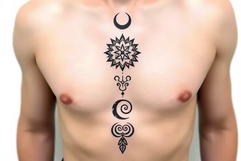 A vertical Maori style tattoo running down the centre of the chest, starting with a small crescent moon at the top, depicted in fine yet detailed Maori tribal lines, symbolising the connection to witchcraft and lunar power. Below the moon, a stylised star with Maori geometric patterns, representing magic and spirituality, with fine detailing evoking the glowing energy of the universe.

Along a vertical line connecting the star and moon, Maori koru patterns (spirals) are incorporated, flowing smoothly downwards, symbolising growth and the energy of life. In the centre of this line, the symbols for Cancer and Pisces are perfectly integrated into the design, adapted to the Maori tribal style, with curved lines reminiscent of ocean waves, connecting both water signs in a fluid and harmonious way.

The design continues with more Maori patterns towards the bottom, with shapes inspired by the natural world, such as leaves or spirals that symbolize the connection with the earth and the universe, and ends in a central motif that represents a protective amulet, reinforcing the link with magic and the spiritual world. The entire tattoo should maintain fine and precise lines, conveying power and ancestral connection, while still being visually striking and resplendent. tatuaggio