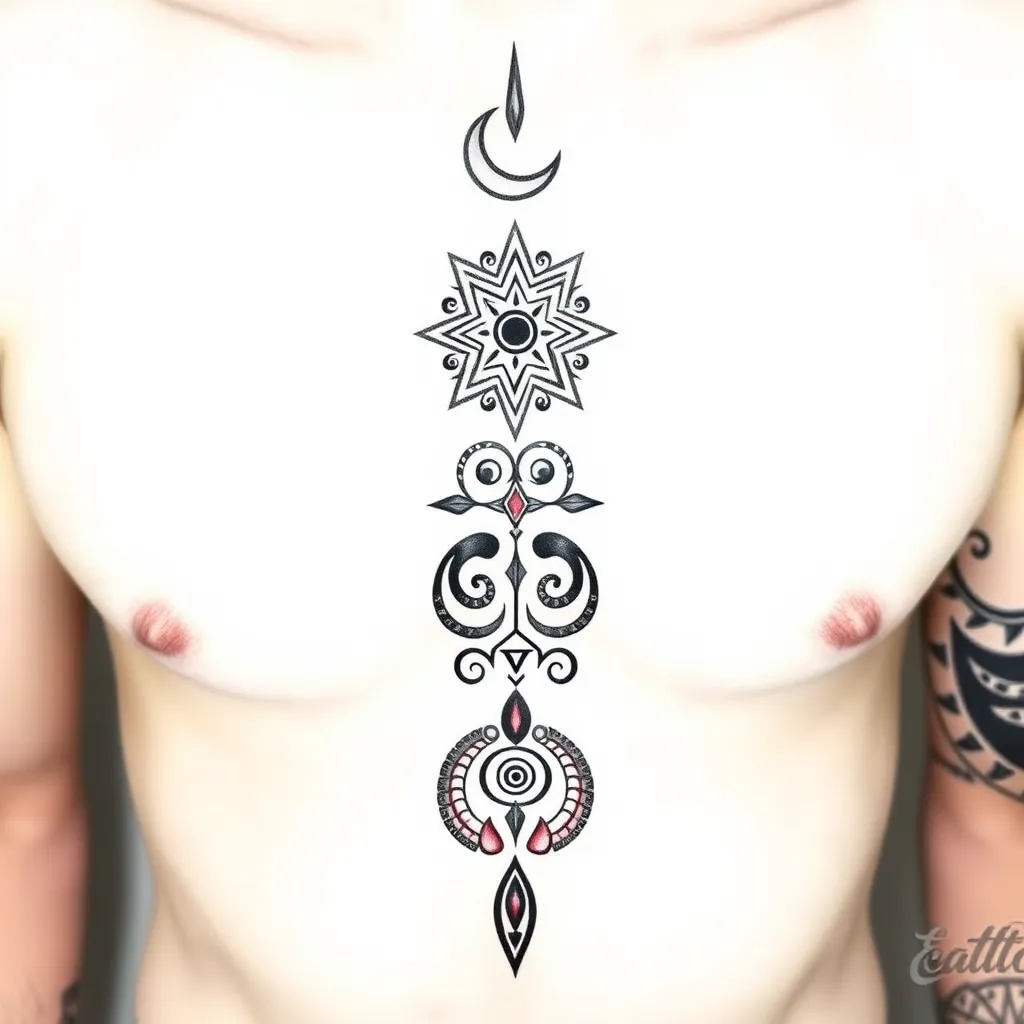 A vertical Maori style tattoo running down the centre of the chest, starting with a small crescent moon at the top, depicted in fine yet detailed Maori tribal lines, symbolising the connection to witchcraft and lunar power. Below the moon, a stylised star with Maori geometric patterns, representing magic and spirituality, with fine detailing evoking the glowing energy of the universe.

Along a vertical line connecting the star and moon, Maori koru patterns (spirals) are incorporated, flowing smoothly downwards, symbolising growth and the energy of life. In the centre of this line, the symbols for Cancer and Pisces are perfectly integrated into the design, adapted to the Maori tribal style, with curved lines reminiscent of ocean waves, connecting both water signs in a fluid and harmonious way.

The design continues with more Maori patterns towards the bottom, with shapes inspired by the natural world, such as leaves or spirals that symbolize the connection with the earth and the universe, and ends in a central motif that represents a protective amulet, reinforcing the link with magic and the spiritual world. The entire tattoo should maintain fine and precise lines, conveying power and ancestral connection, while still being visually striking and resplendent. टैटू