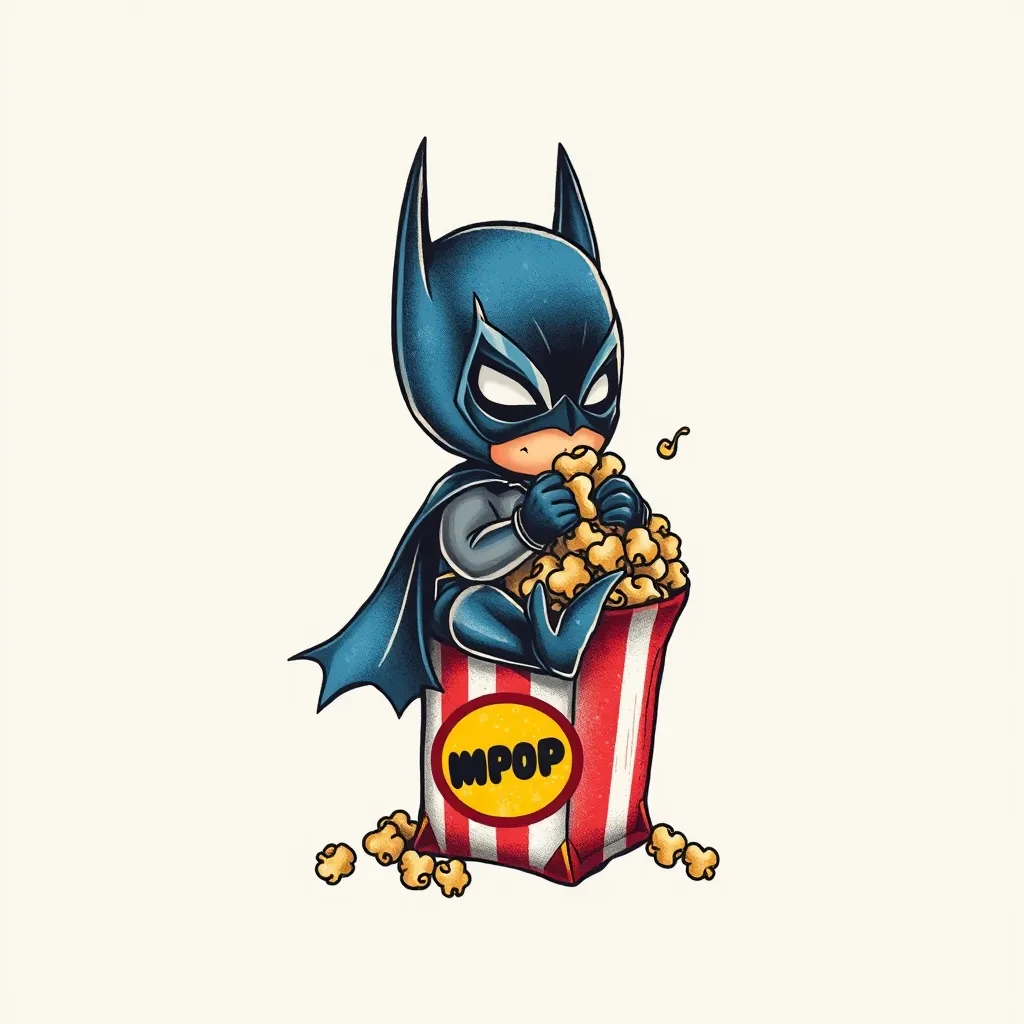 Batman très miniature assis sur un paquet de pop-corn entrain de manger du popcorn 문신