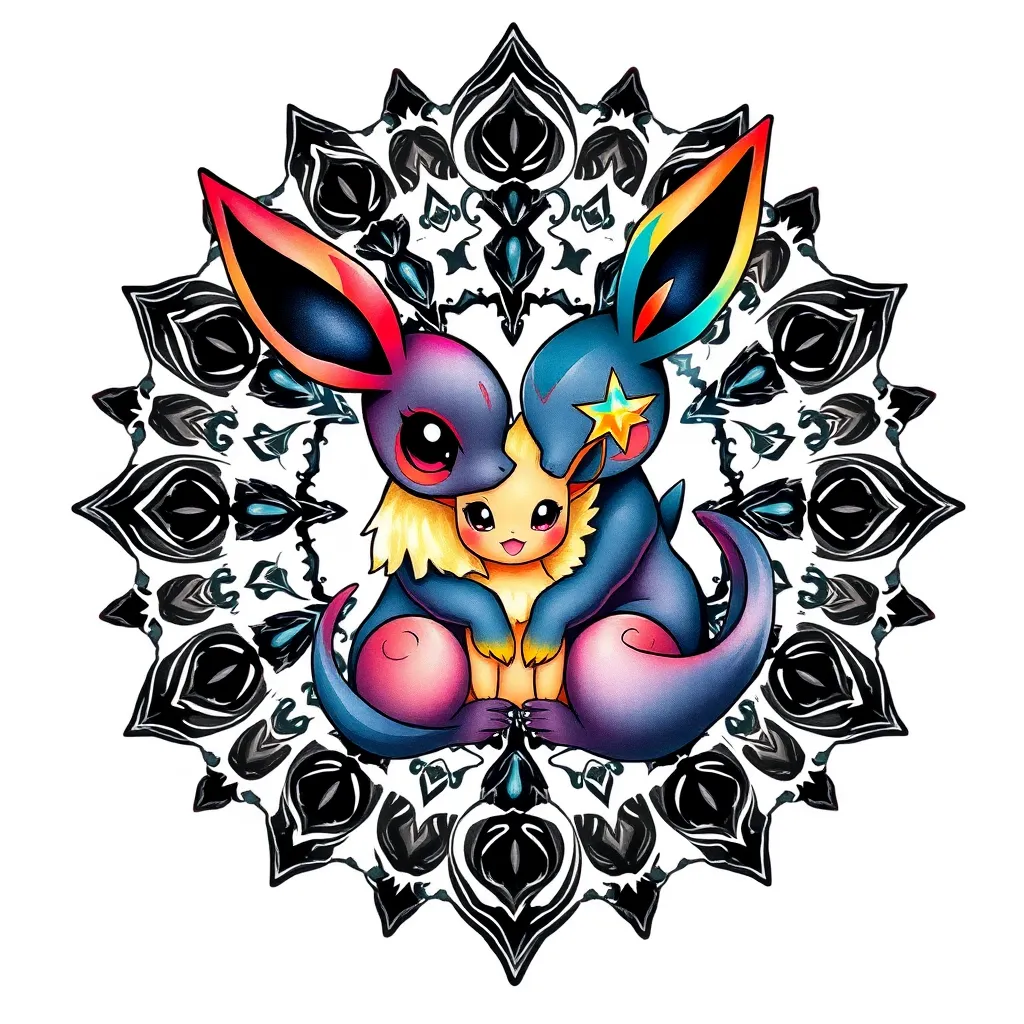 A vibrant tattoo design featuring a detailed mandala background in intricate black and gray patterns. In the foreground, a protective Umbreon and Espeon encircle a cute, fluffy Eevee, showcasing unity and family. The colors are rich and saturated, with Umbreon's dark hues contrasting against Espeon's soft pastels, all illuminated by a gentle, ethereal glow. The composition is dynamic and harmonious, blending fantastical elements with a sense of warmth and security. tattoo