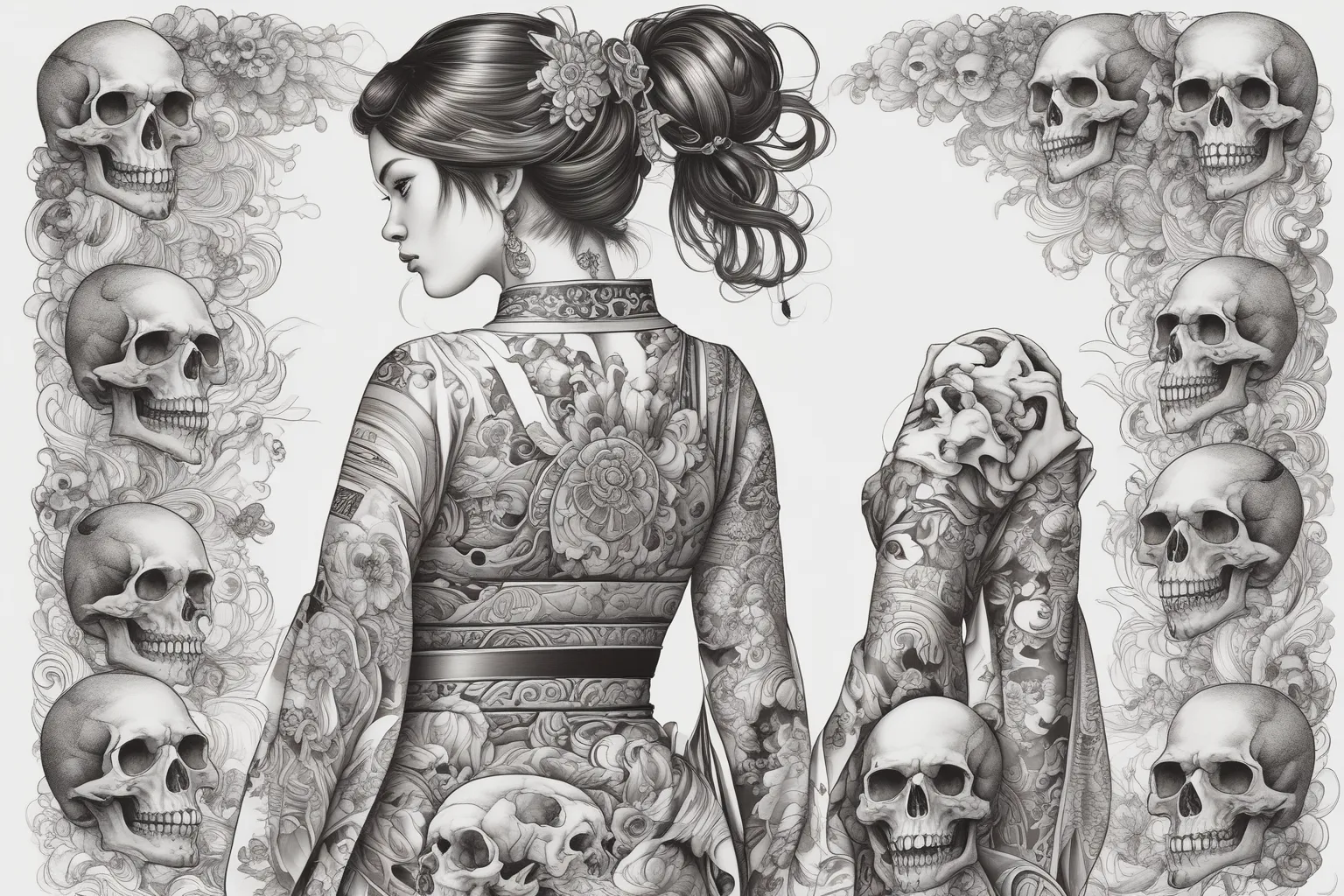 A warrior woman in a kimono surrounded by skulls
 tatuointi