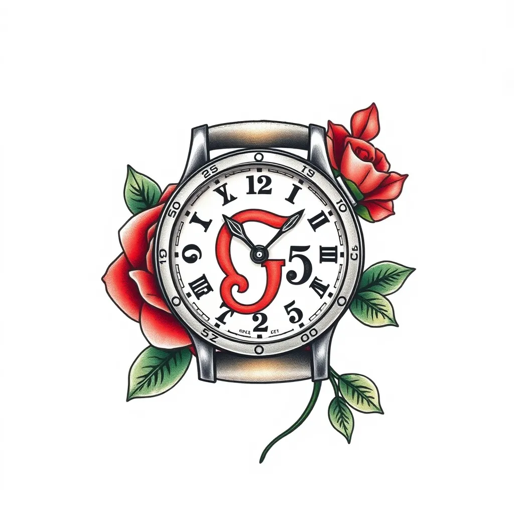 eine Uhr mit Datumsangabe 25.11.2023 verschnörkelt und in einer Rose der Buchstabe G tatoeage