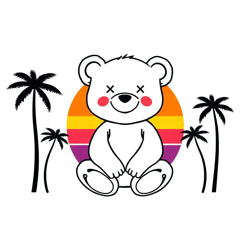 A whimsical white outline of a smiling teddy bear with X's for eyes, sitting cross-legged against a vibrant sunset of orange, yellow, pink, and purple, framed by black silhouetted palm trees on a dark background. tattoo