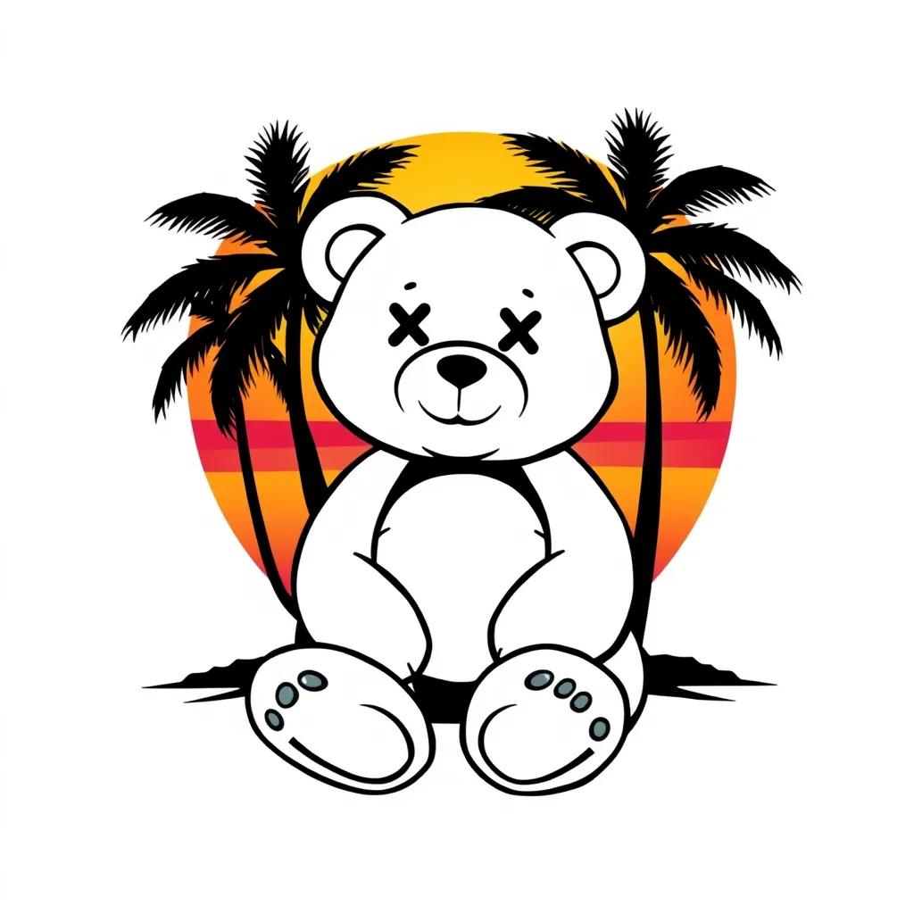 A white outline of a teddy bear with x's for eyes in front of a sunset with palm trees in the background. The bear is sitting down with its legs crossed and is smiling. The sunset is a mix of orange, yellow, pink and purple. The palm trees are black and silhouette the sunset. The background is a dark black. tattoo