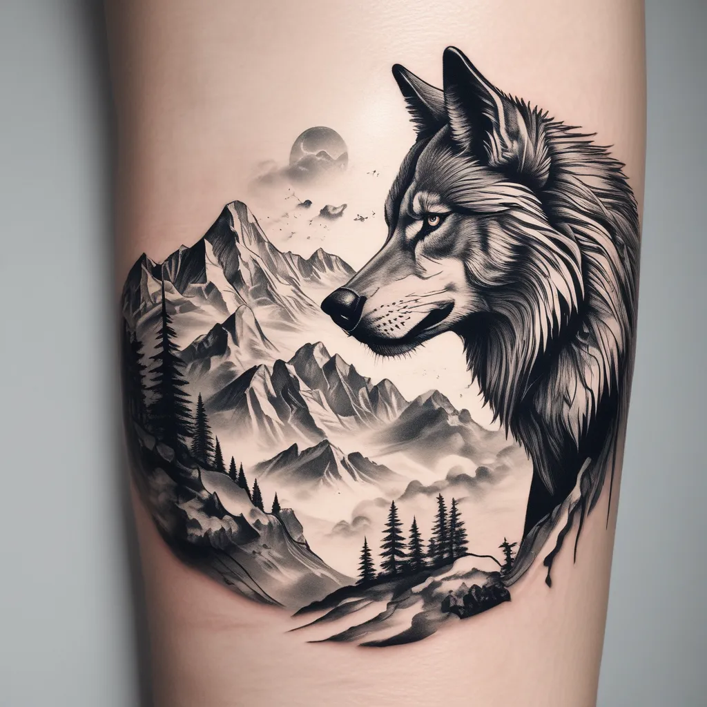 A wolf in a montain seeing the horizon tatouage