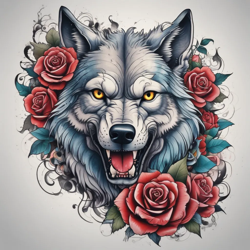 a wolf with a rose in its teeth tatuointi