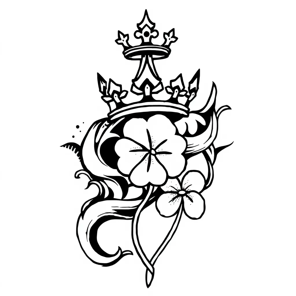 abstract and fine tattoo in black and white with a crown and a clover tattoo