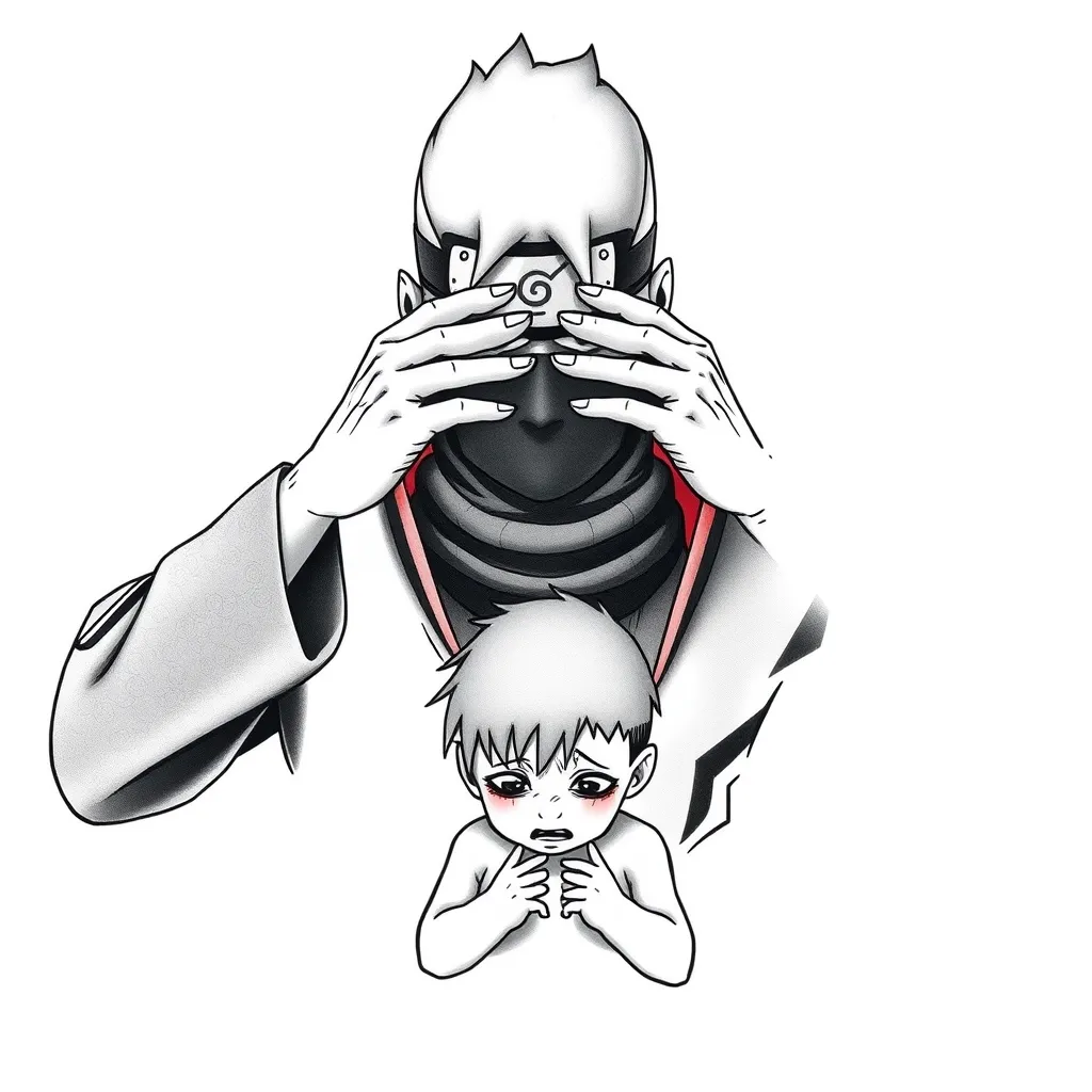 Obito da adulto, senza maschera, che copre gli occhi con entrambi le mani ad Obito bambino, che è posizionato davanti a lui e che sta piangendo. 入れ墨