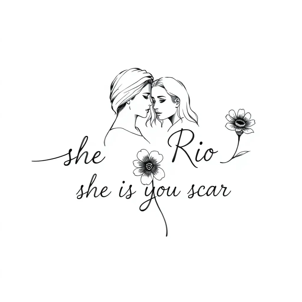 Agatha et rio avec la phrase " she is my scar " et une fleur  tattoo