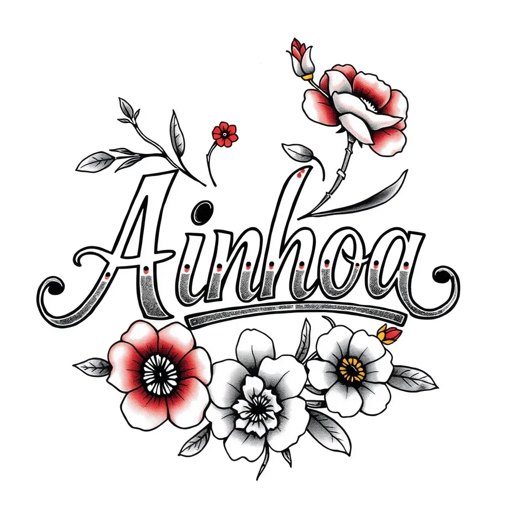 nombre de Ainhoa en blanco y negro escrito a mano con arte chicano, pinstriping y flores وشم