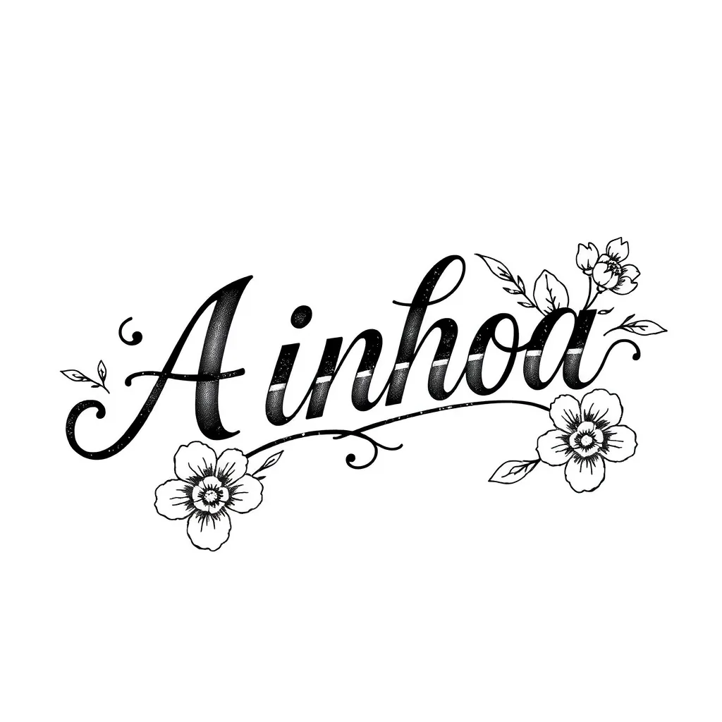 nombre de Ainhoa en cursiva en blanco y negro con caligrafía estilo Chicano, pinstriping y flores tetování