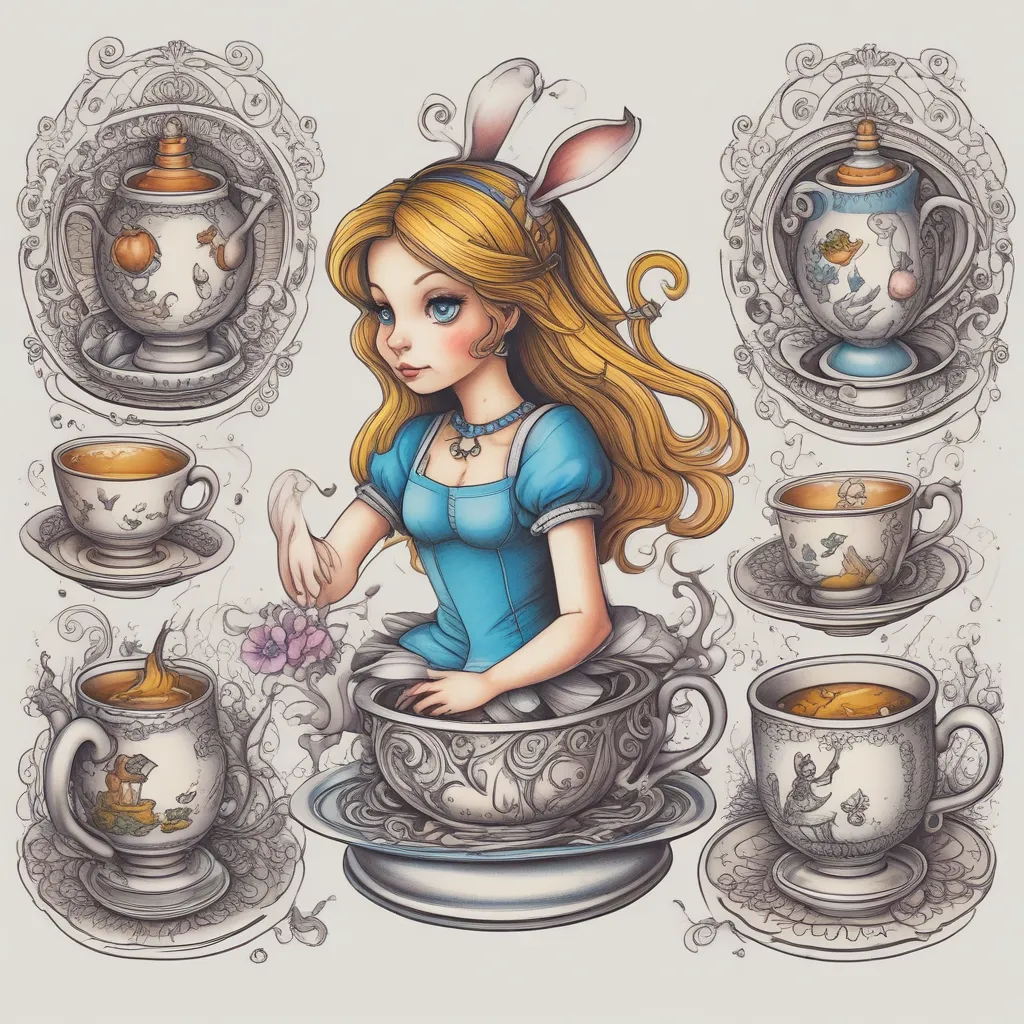 alice in wonderland falling down rabbit hole surrounded by teacups tetování