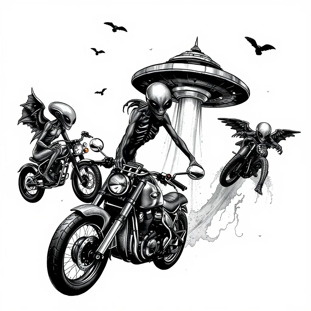 Aliens, ovnis y motos  tatuaggio