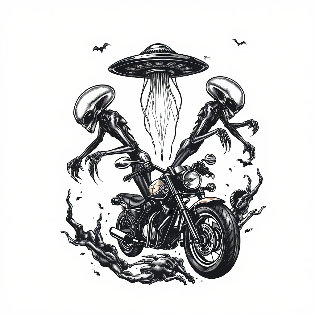 Aliens, ovnis y motos  tatuaggio