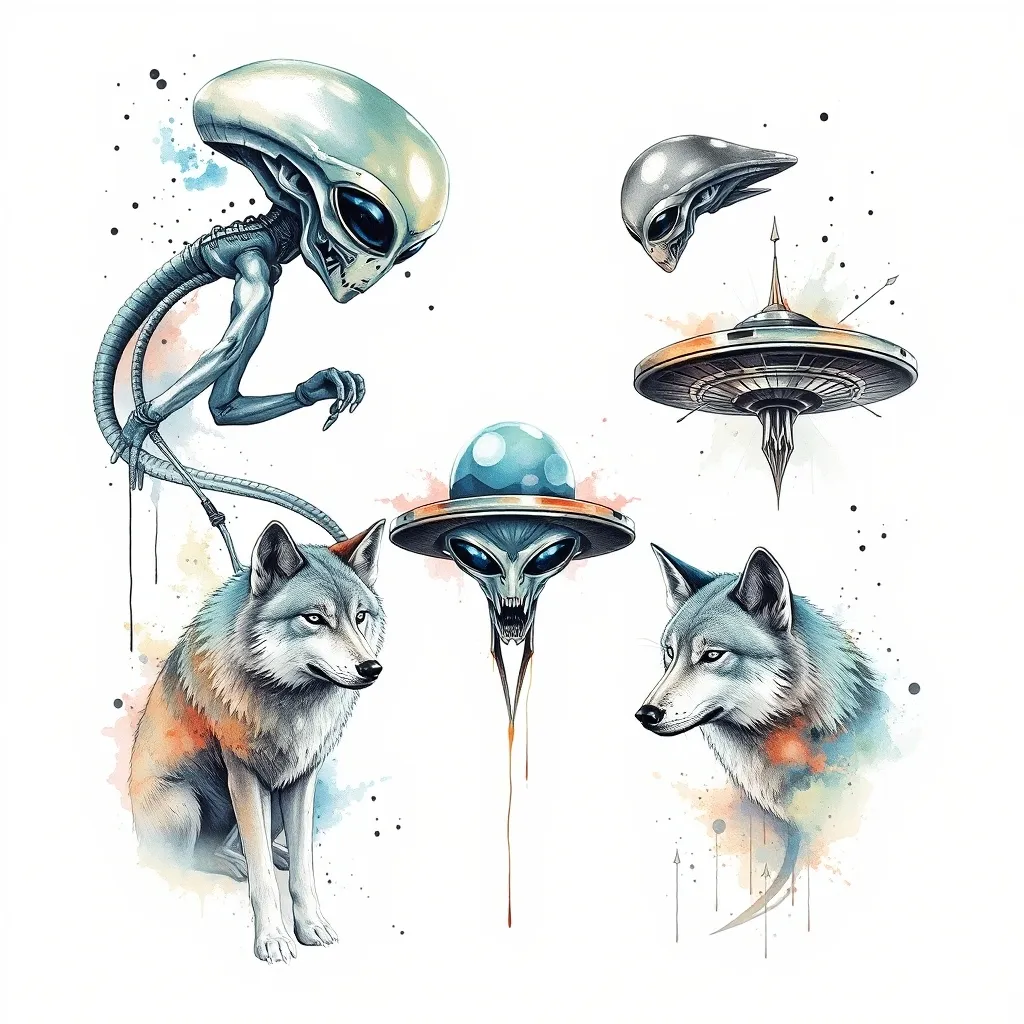 Aliens, ovni y lobos  tatuaggio
