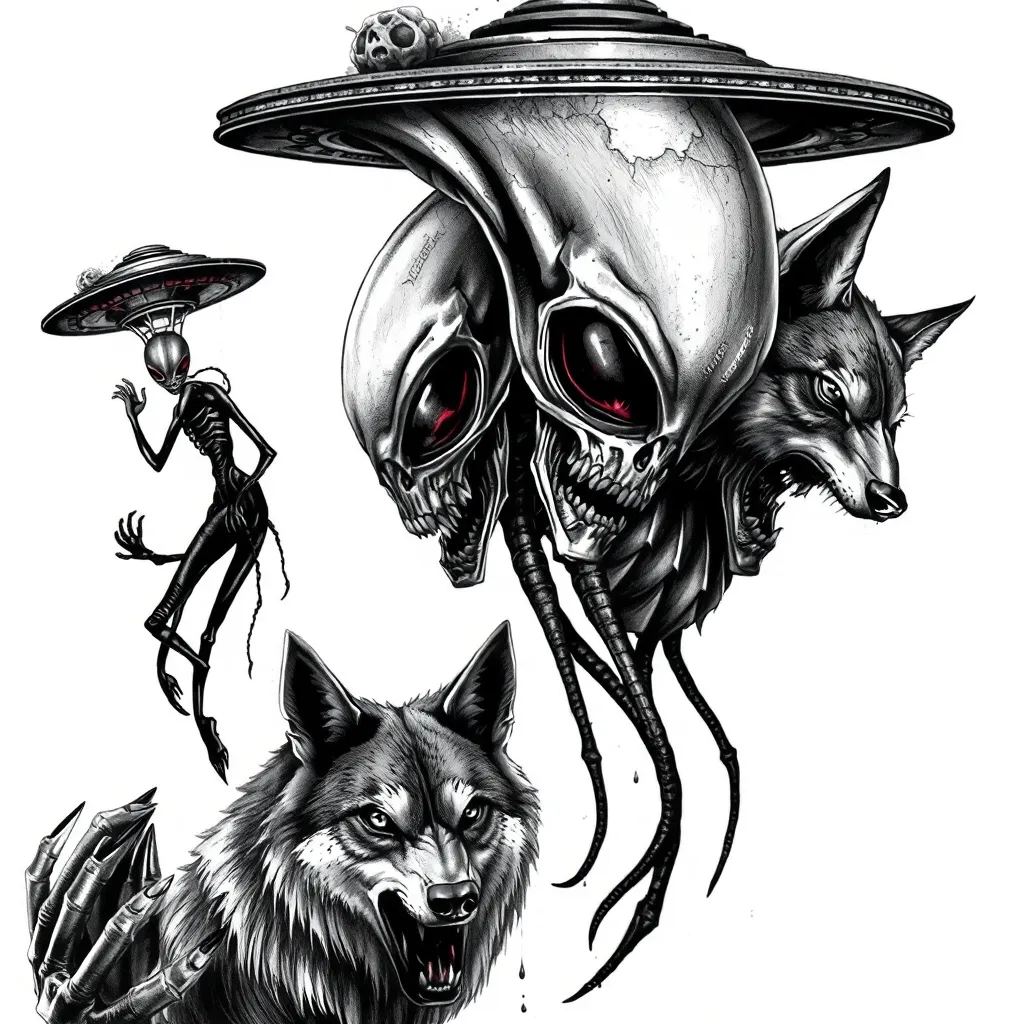 Aliens, ovnis y lobos  tatuaggio