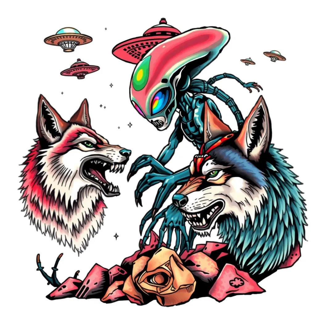 Aliens versus lobos y ovnis de fondo  tatuaggio