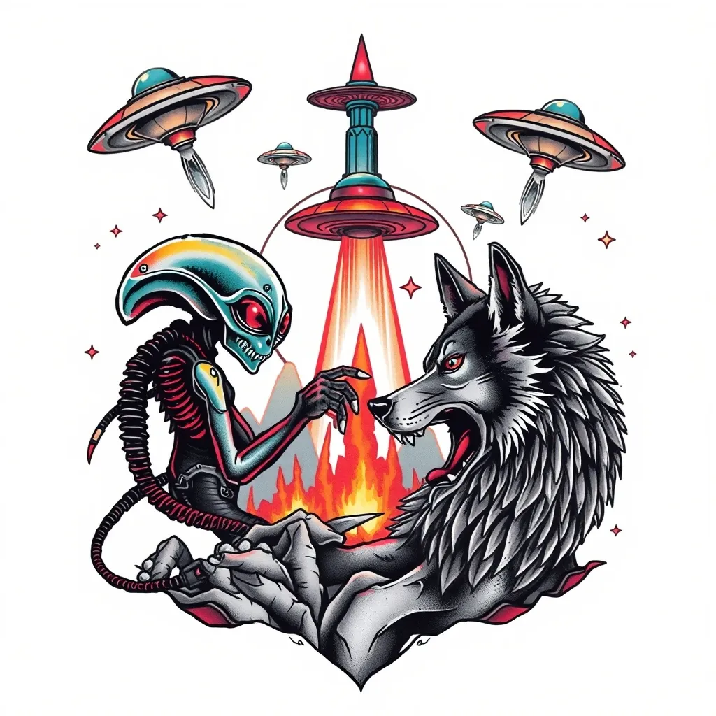 Aliens versus lobos y ovnis de fondo  tatuaggio