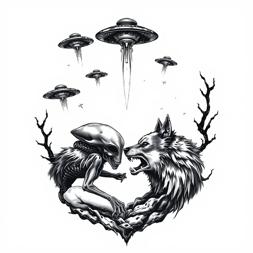 Aliens versus lobos y ovnis de fondo tatuaggio